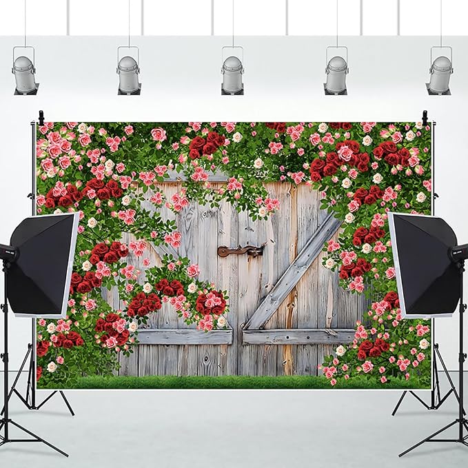 AOFOTO Barn Door Rose Backdrop Rustic Red Pink Beige Flowers Background Romantic Phtography Banner for Anniversary Wedding Decor Photo Studio Photobooth Props 10x7ft