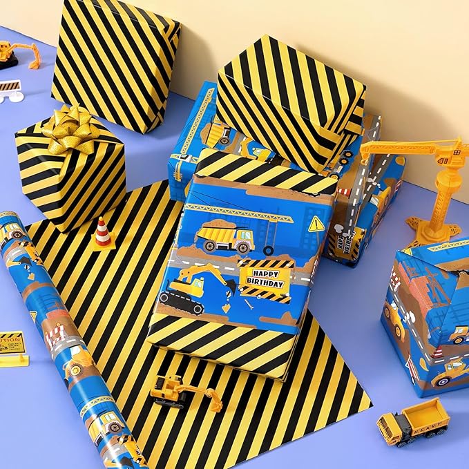 WERNNSAI Construction Wrapping Paper Roll-1 Roll 17”X 16.4 Ft Construction Truck Gift Wrapping Paper With Striped Design for Kids Boys Reversible Tractor Truck Gift Wrap for Birthday Holiday Party Supplies