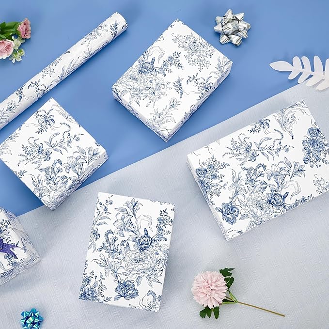 WERNNSAI Flower Gift Wrapping Paper Roll - 1 Roll 17”x 33 ft Bouquet Wrapping Paper Blue Floral Wrapping Paper for Girls Birthday Party Women Wedding Gift Wrap Supply