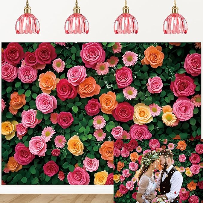 Flowers Backdrop for Photography Colorful Rose Floral Green Leaf Wall Backdrop for Valentine's Day Wedding Bridal Shower Birthday Party Decoration Supplies (60x36 inch (5x3FT))