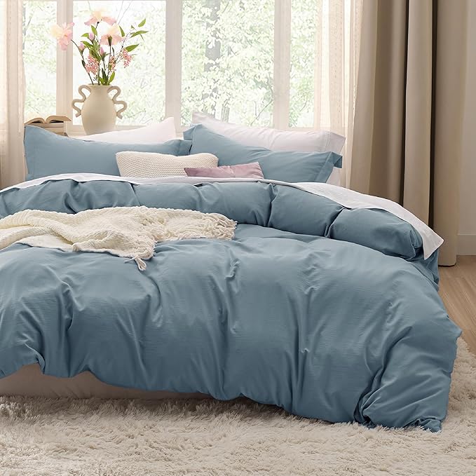 Bedsure Mineral Blue Duvet Cover Full Size - 3 Pieces Prewashed Extra Soft Cotton-Like Bedding Set, Includes 1 Duvet Cover 80x90 Inches with Zipper Closure & 2 Pillow Shams, Comforter Not Included