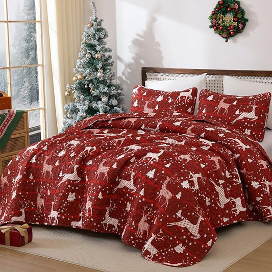 Dinjoy Christmas Quilt Set Queen Size, Christmas Holiday Quilt Bedding Set Xmas New Year Bedspread Soft Microfiber 3 Pieces Coverlet for Kid Adult 90"x90" New Year Gift
