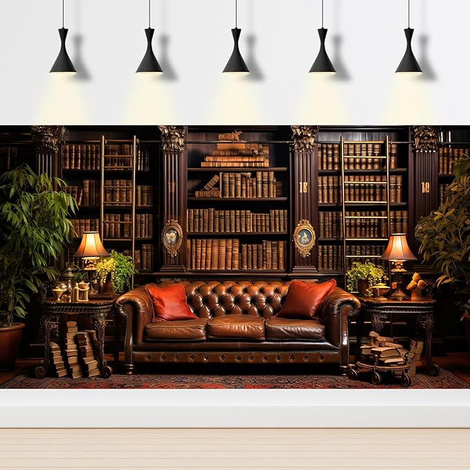 Vintage Luxury Library Bookshelf Backdrop School Library Bookshelf Collection Photography Background Home Office Sofa Business Conversation Room Retro Books Shelves Background Videos Prop 15x8ft