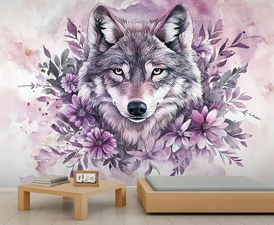 Wolf with Floral Watercolor Wall Mural, Purple Wolf Watercolor Art 3D Wall Murals, Art Flower Painting Wallpaper Mural, for Living Room Bedroom Large Wallpaper Indoor Decor 157.5" W x110.3 H