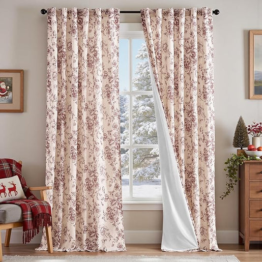 jinchan Lined Linen Blend Curtain Floral Curtains for Living Room 96 Inches Long Christmas Red Peony Flower Printed Curtain Rod Pocket Back Tab Farmhouse Patterned Drapes Curtains Set 2 Panels