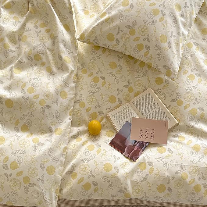 AOJIM Kids Adults Aesthetic Duvet Cover Set for Room Decor, Pure Cotton Comforter Cover Set 3pcs with Yellow Lemon Pattern, 1 Soft Quilt Cover Queen Size and 2 Matching Pillowcases, No Comforter