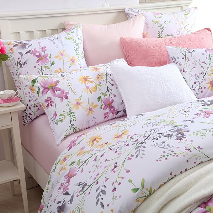 Brandream Floral Duvet Cover Set Twin Size 3 Pieces 800TC Egyptian Cotton Printed Modern White Pink Bedding