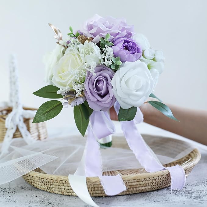 ponatia Lilac Wedding Bouquets for Bride Bridesmaid, White Wedding Artificial Roses Flowers for Wedding Bouquets Ceremony, Anniversary (Lilac & White & Ivory)