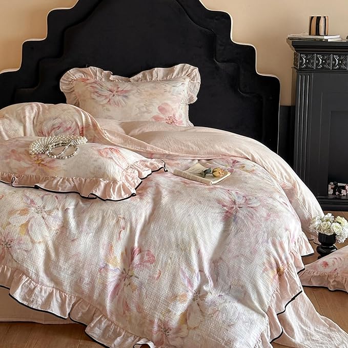 HighBuy Farmhouse Linen Cotton Duvet Cover Full Size,Pink Floral Ruffle Design Muslin Yarn-Dyed Textured Duvet Cover Set Coquette Soft Comforter Cover Ruffle,3 Pieces Cottagecore Bedding Set