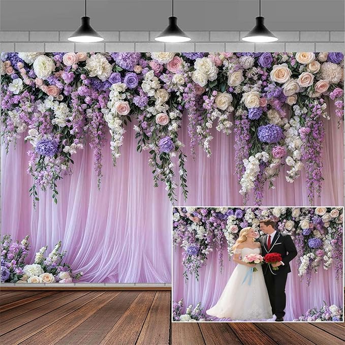 12x10ft Purple Lavender Floral Bridal Backdrop Wedding Flower Photography Backdrop for Girl Portrait Baby Shower Birthday Party Decor Banner Mother's Day Party Wall Backdrop Studio Photo Backgrounds