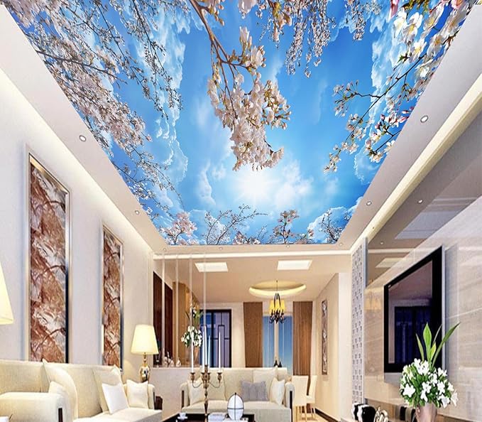 Eierme-Pink Cherry Blossoms and Blue Sky and White Clouds Ceiling Peel and Stick 90" x 67"