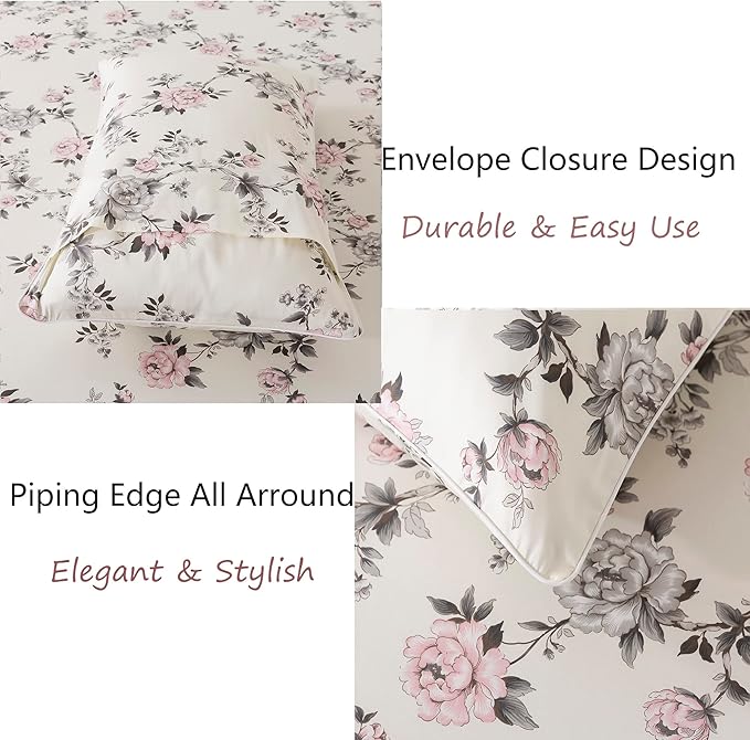 FADFAY Floral Sheets Set Full Vintage Rose Floral Bedding Shabby Grey and Pink Peony Print Sheets Farmhouse Bedding 800 Thread Count 100% Egyptian Cotton Soft Deep Pocket Fitted Sheet 4Pcs, Full Size