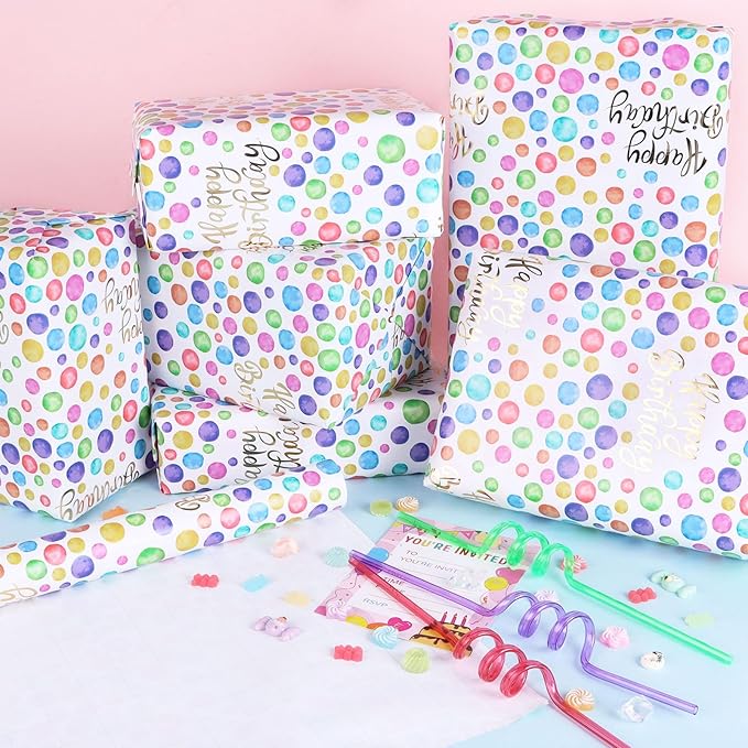 KIMOBER Birthday Wrapping Paper Roll,Colourful Paper with polka dot Gold Happy Birthday and Cut Lines on Reverse(17in×33ft Roll)