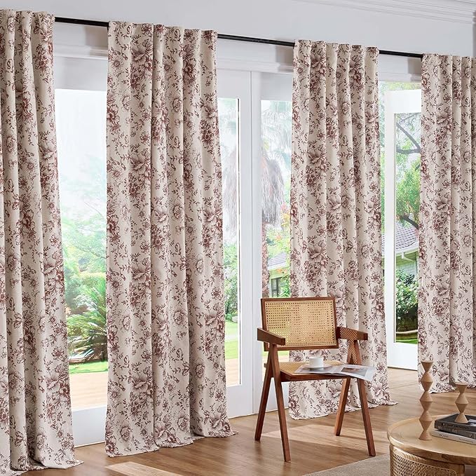 jinchan Blackout Floral Curtains Linen Blend Curtain for Living Room 84 Inch Length Christmas Brick Red Flower Printed Drapes for Bedroom Rod Pocket Back Tab Farmhouse Curtains Set 2 Panels