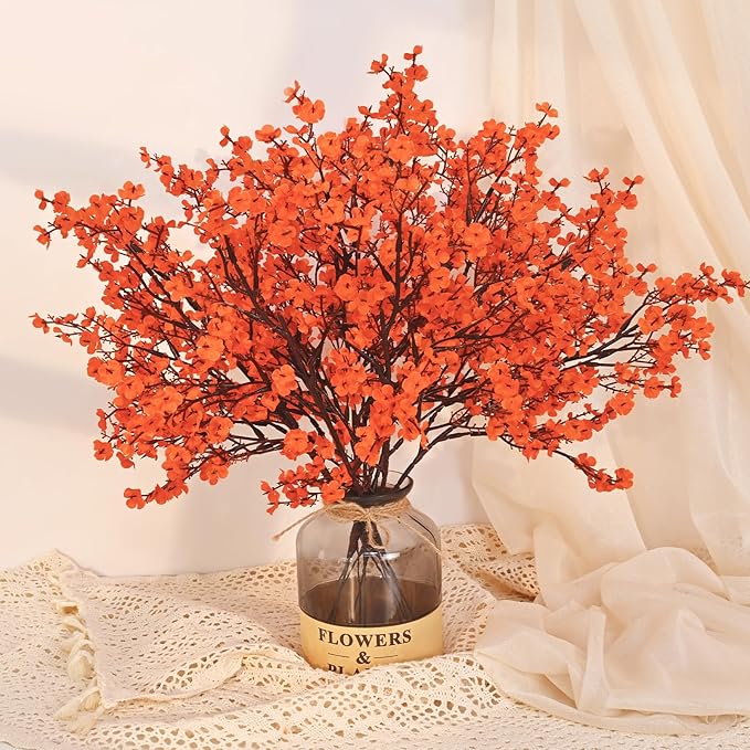 Yastouay Fake Flowers Thanksgiving Table Decor, 10Pcs Orange Thanksgiving Decorations for Table Artificial Flowers, Babys Breath Artificial Flowers Bulk for Fall Decor Floral Arrangement