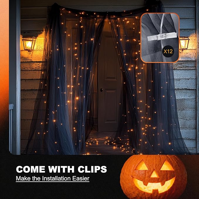 Tulle Curtain Backdrop with 300 LED Fairy Lights for Parites Wrinkle-Free Sheer Curtain Drapes Photo Back Drop for Wedding Baby Shower Bridal Shower Birthday Dance Home Décor- 10ft×10ft, Black