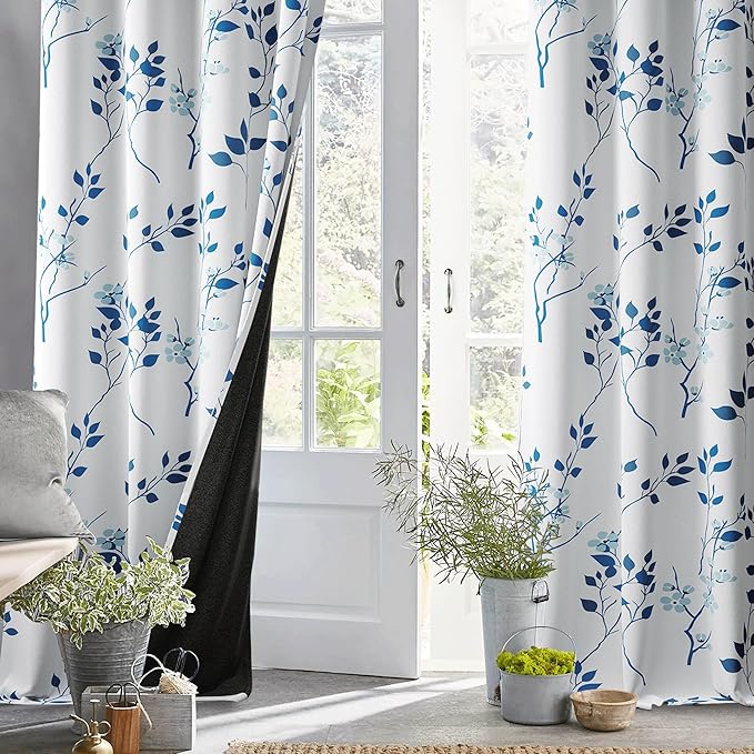 Beauoop Floral 100% Blackout Curtains 63 Inch Length 2 Panels for Bedroom Living Room Navy Blue and White Flower Patterned Room Darkening Thermal Soundproof Grommet Window Treatments Drapes, 52X63