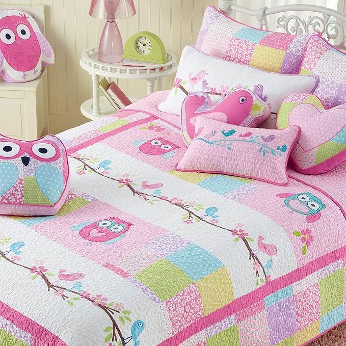 Cozy Line Home Fashions Pink Owl All Season Lightweight 100% Cotton Quilt Set with 5 Decorative Pillows-Coverlet Bedding Bedspread for Kids Toddler Girls Bedroom Decor (Owl, Twin - 7 Piece)