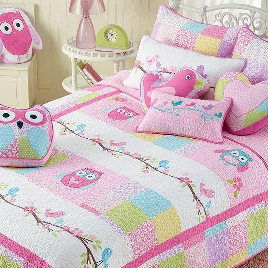 Cozy Line Home Fashions Pink Owl All Season Lightweight 100% Cotton Quilt Set with 5 Decorative Pillows-Coverlet Bedding Bedspread for Kids Toddler Girls Bedroom Decor (Owl, Twin - 7 Piece)