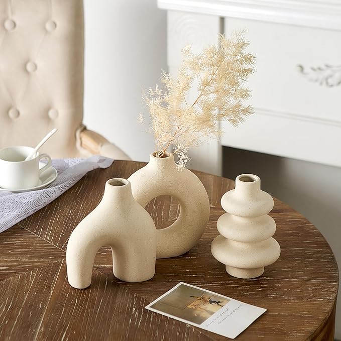 White Ceramic Vase Set of 3, Modern Boho Vases for Home Decor, Small Flower Vases for Pampas Grass, Round White Vases Centerpieces for Wedding Coffee Table Shelf Living Room Bedroom Entryway