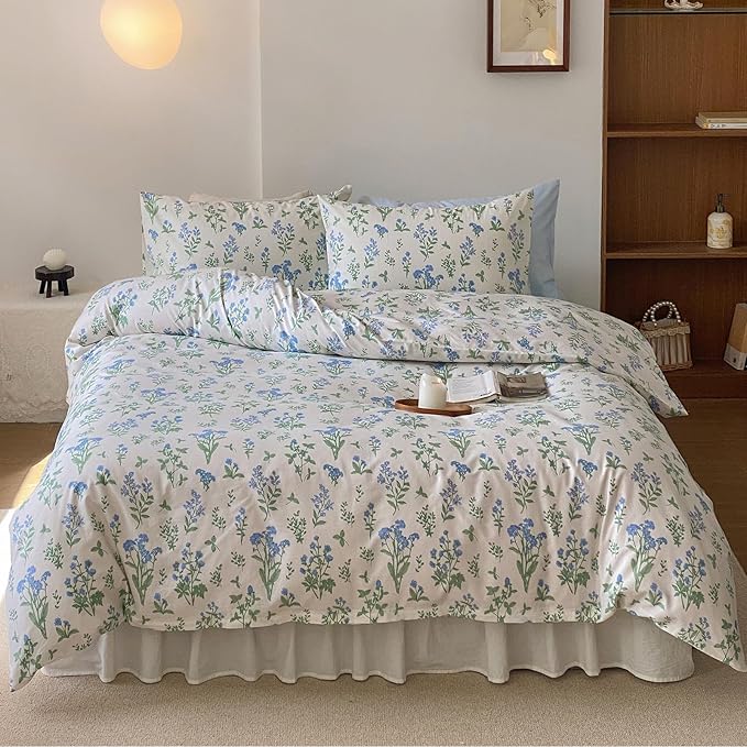 HighBuy Girl Blue Floral Comforter Set Twin XL Size White Comforter Sets Botanical Coquette Bedding Comforter Twin XL with 2 Pillowcases Garden Style Floral Bedding Comforter Set