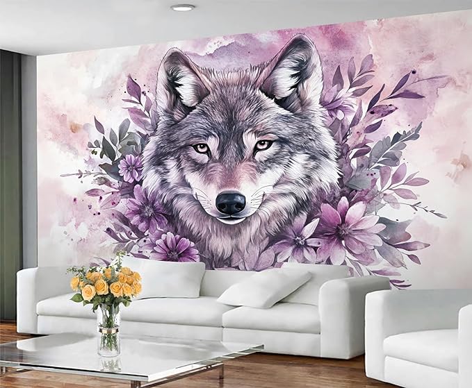 Wolf with Floral Watercolor Wall Mural, Purple Wolf Watercolor Art 3D Wall Murals, Art Flower Painting Wallpaper Mural, for Living Room Bedroom Large Wallpaper Indoor Decor 78.7" W x55.1 H