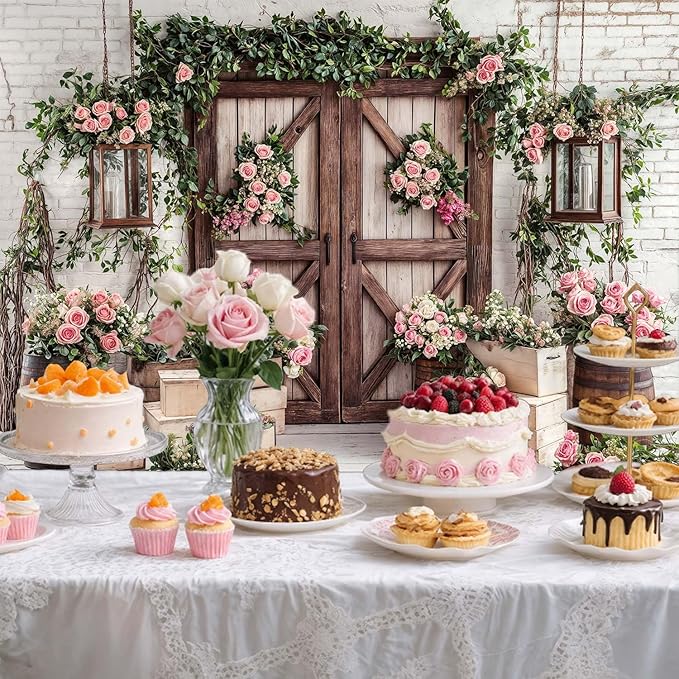 10x8ft Country Wedding Photography Backdrop Floral Rustic Roses Farmhouse Wooden Door Backdrop Pink Flower Birthday Baby Shower Wedding Bridal Party Banner Photo Booth Props Anniversary Background