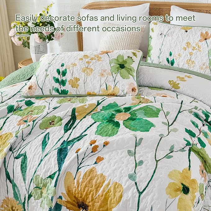 Anibedding Green Quilt Set Queen Size, Floral Bedspread with 2 Pillowcases, Soft Microfiber Lightweight Coverlet Bedding Set for All Season(96"x90")