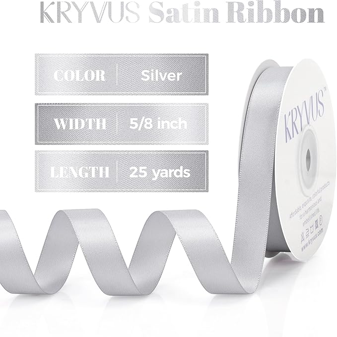 Silver Satin Ribbon, Double Faced 5/8 Inch X 25 Yards Silver Ribbon, Premium Satin Ribbon for Gift Wrapping, Crafts, Hair Bow Making, Sewing, Flower Bouquet, Wedding Party Decor