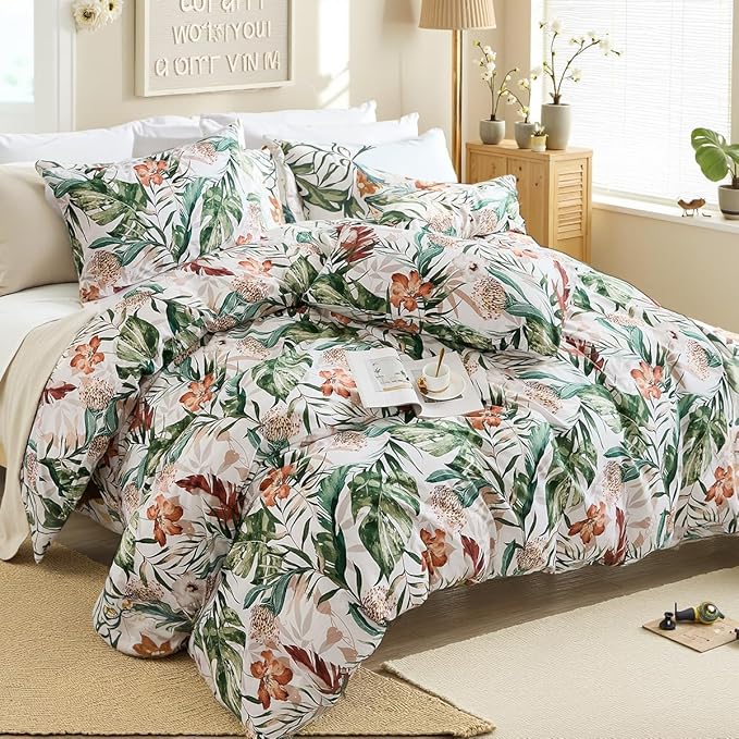 Bedding_Dreamer 100% Cotton Comforter Set Floral King Bedding Green Palm Leaf Comforter Set Botanical Home Decor 3 Pcs with 2 Pillowcases Reversible for All Season