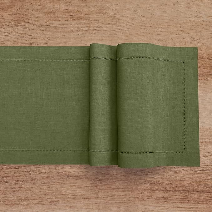 Solino Home Linen Olive Table Runner 108 Inches Long - 100% Pure Linen 14 x 108 Inch Table Runner for St Patricks Day - Classic Hemstitch