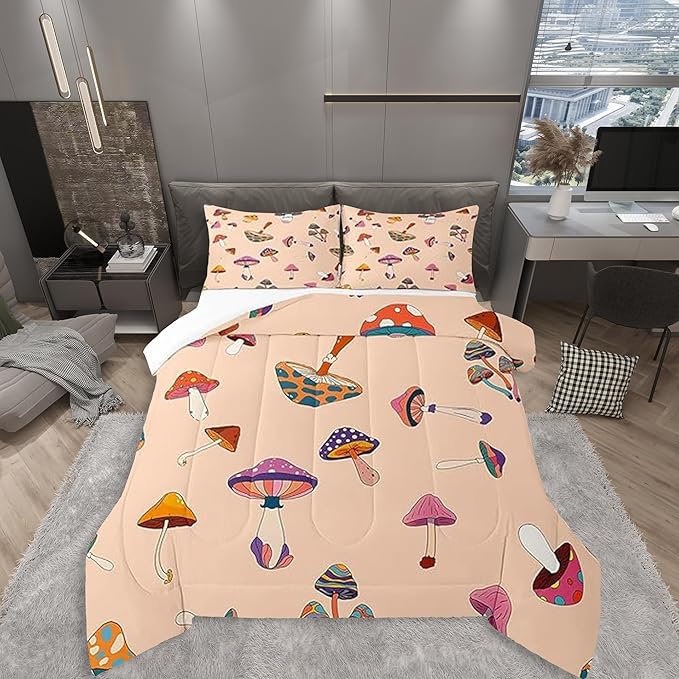 Castle Fairy Retro Mushroom Queen Size Comforter Set,Hippie Plant Bedding Set with 2 Pillowcases,60s 70s Cartoon Style Breathable Polyester Bedding Comforters