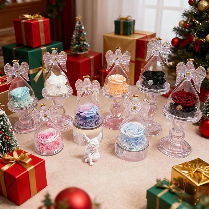 Sunia Preserved Flower Rose Gift for Women - Mother's Day Birthday Gifts for Mom Wife Grandma, Glass Angel Figurines Forever Real Roses Gifts for Her Valentine Day Thanksgiving﻿ (Sparklinga quamarine)