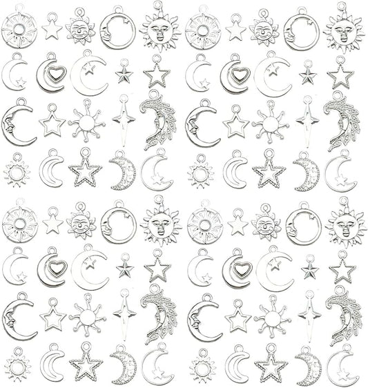 WOCRAFT 60pcs Bright Silver Sun Moon Star Bracelet Charms for Jewelry Making Sets DIY Necklace Bracelet Keychain Crafting Charms Kit Craft Supplies (SN837)