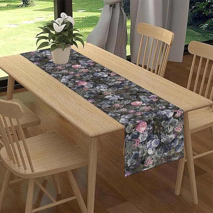Vintage Floral Table Runner, Gothic Pink Blue Floral Boho Flower Garden Botanical Spring Seasonal Print Table Center Decor for Family Kitchen Table Decorations Indoor Outdoor 13x108 inch