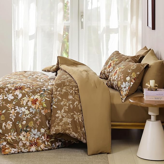 Dobuyly Fall King Size Comforter Set, 7 Pieces Brown Floral Comforter Set, Bed in a Bag King with Botanical Flowers Pattern, Farmhouse Bedding Set with Sheets, Pillowcases & Shams