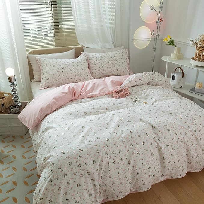 LifeTB Garden Style Duvet Cover Floral Print Bedding Sets King Pink White Floral Comforter Cover Cotton Chic Flower Print Duvet Cover for Girl Women Boho with Zipper Closure 4 Ties