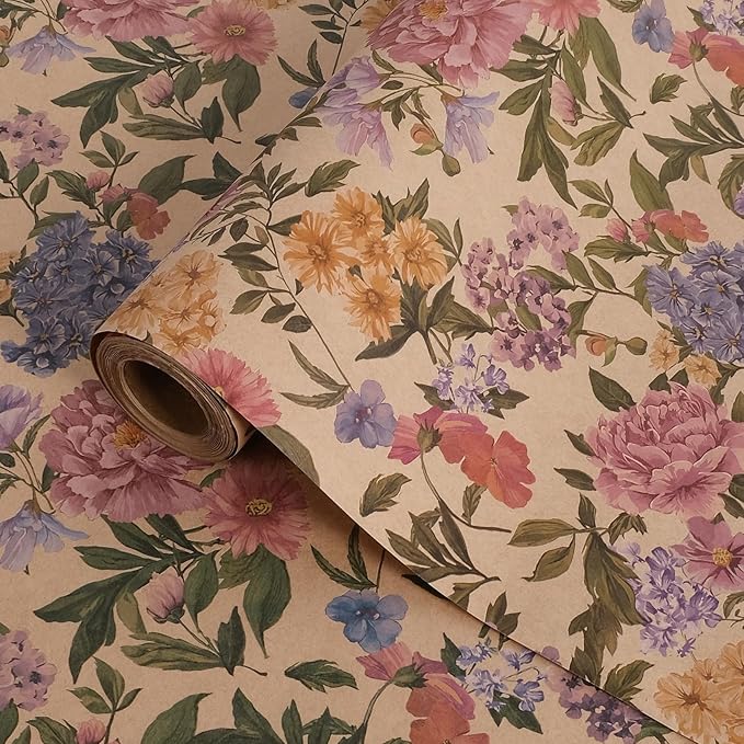 RayofSun Kraft Floral Wrapping Paper Roll 17 in x 32 ft Mini Roll Vintage Pink Peonies Wildflowers Garden Flower Gift Wrap Paper for All Occasion Wedding Birthday Bridal Shower Party Christmas