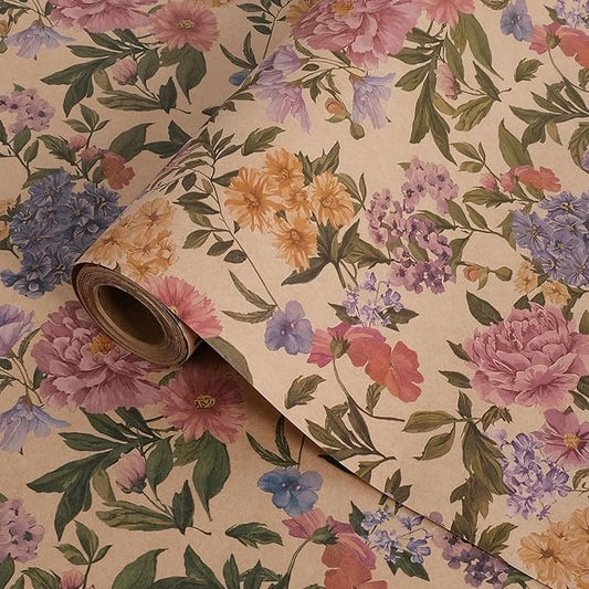 RayofSun Kraft Floral Wrapping Paper Roll 17 in x 32 ft Mini Roll Vintage Pink Peonies Wildflowers Garden Flower Gift Wrap Paper for All Occasion Wedding Birthday Bridal Shower Party Christmas