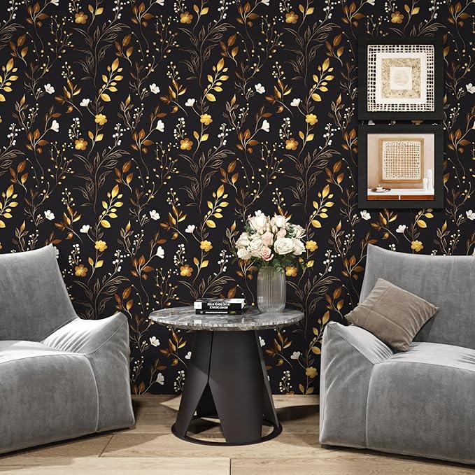 Black Floral Wallpaper Peel and Stick, Dark Gold Vintage Flower Contact Paper 17.5" x 393.7", Golden/White Botanical Wall Paper Self Adhesive Waterproof Removable for Room Cabinet Drawer Table Decor