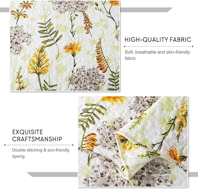Travan 3-Piece Quilt Set Quilted Bedspread Lightweight Reversible Coverlet Set Floral Printed Oversized Quilted Bedding Set with Shams for All Season, Yellow Flower, Queen Size
