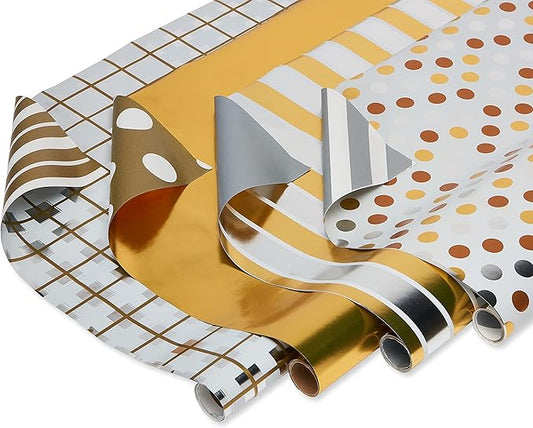 American Greetings Foil Wrapping Paper Rolls for Christmas, Weddings or Any Occasion, Metallic Gold and White Holiday Gift Wrap (80 sq. ft., 4 Rolls-30 in. x 8 ft., Reversible) Stripes, Polka Dots