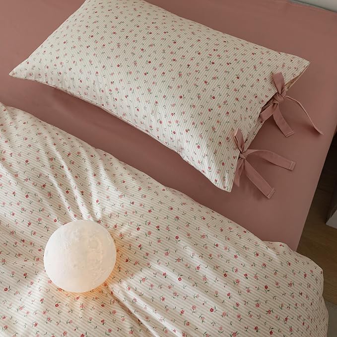 AOJIM Kids Floral Bedding Duvet Cover King Size, Soft Cotton Comforter Cover Set 3pcs for Adults, 1 Durable Duvet Cover 104x90'' with Zipper Closure and 2 Pillowcases with Bowknot, Machine Washable