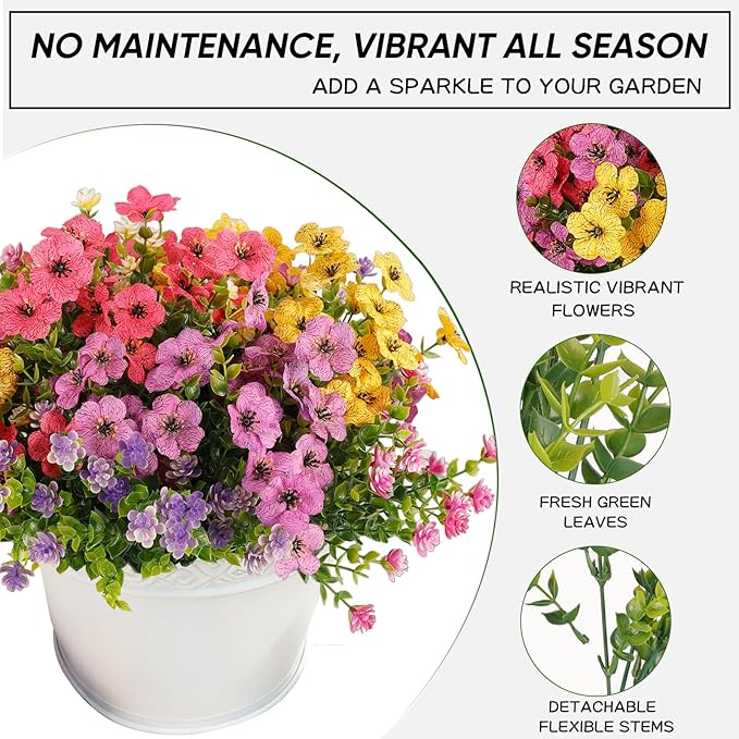 12 Bundles Artificial Flowers for Outdoor,UV Resistant Silk Daisy&Plastic Fake Flowers,Realistic Faux Plants for Spring Decor,Porch,Patio,Garden,Window Box(Mixed)