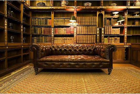 Library Backdrop Vintage Luxury Old School Library Bookshelf Collection Photography Background Business Room with Leather Sofa Book Shelf Wallpaper Decorations for Adult Photos Prop 7x5ft