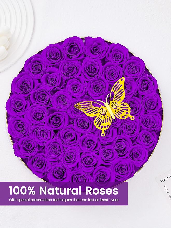 Preserved Roses Forever Flowers Real Roses in a Box Mother's Day Birthday Flowers for Her Mom Women Wife Valentine's Day, 47 Purple Roses