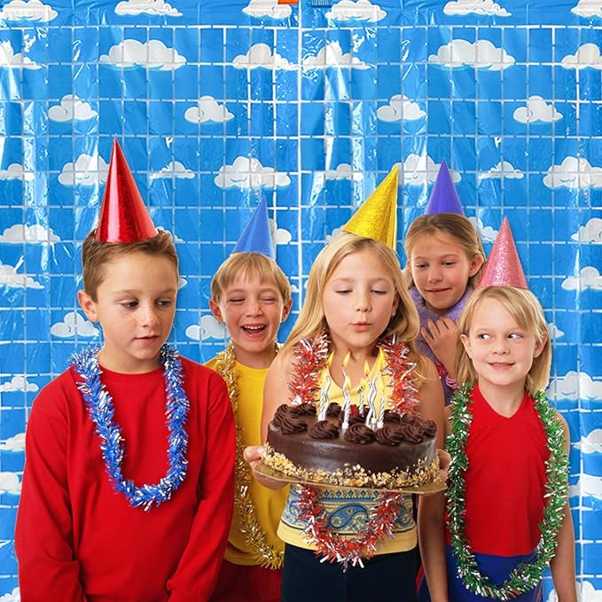 Blue Sky White Clouds Birthday Party Decorations 2 Pack Clouds Foil Fringe Curtains 3.28 x 6.56Ft Cartoon Story Tinsel Streamers Curtain Backdrop Birthday Baby Shower Cloud Theme Photo Booth Backdrop