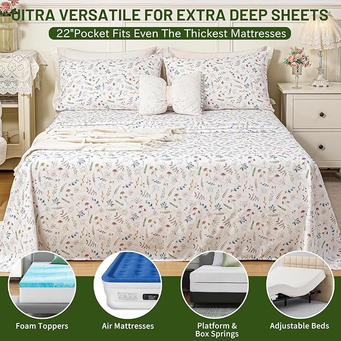 Bedlifes Extra Deep Pocket 18-24" King 4-Piece Sheet Set - Cooling Sheets Blend Rayon Derived from Bamboo Soft & Breathable Floral Design