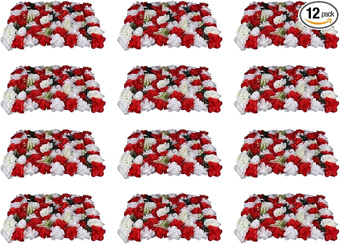 12PCS Flower Wall Panels, 3D Silk Floral Wall Backdrop, Realistic Red Rose Flower Backplanes, Roll Up Fake Flower Background for Valentines Wedding Party Home Decoration