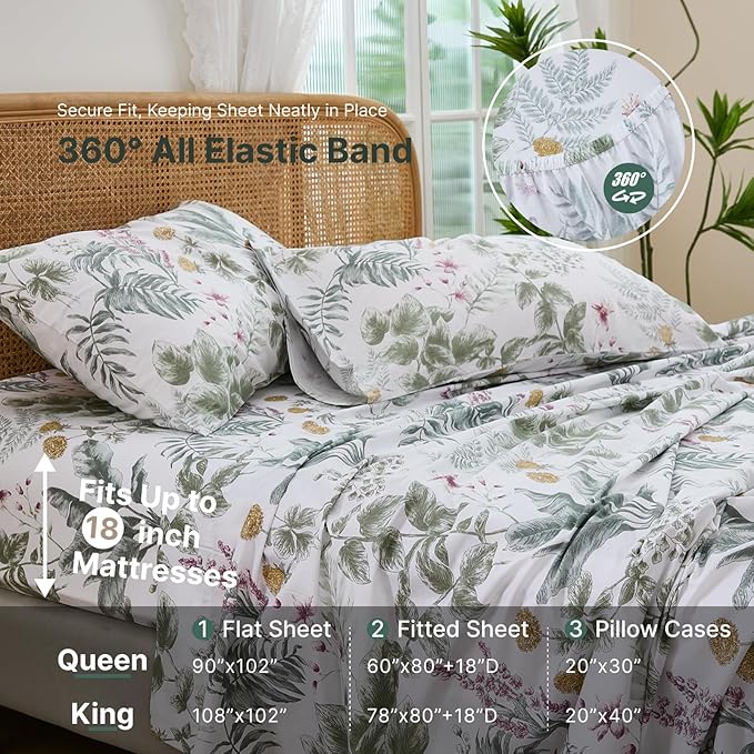 100% Cotton Sheet Set King Size – 4-Piece Vintage Sage Green Floral Bedding Set, Soft Breathable Percale Weave, Deep Pocket Fitted Sheet 17.5", Crisp Cool Feel, Refined Botanical Elegance